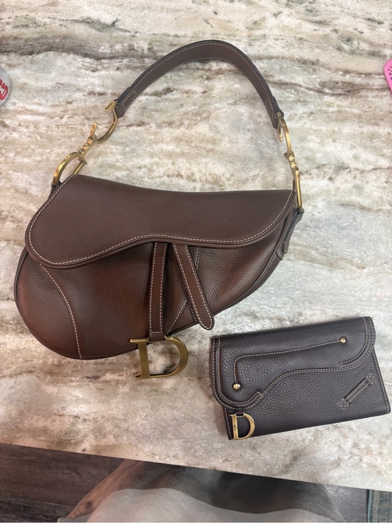 Dior Handbags - Vintage Dior Dark Brown Leather Saddle Shoulder Bag with Matching Wallet